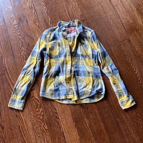 Classic Tops - Classic Yellow Blue Plaid Button Up Shirt Casual Lightweight SIZE XS